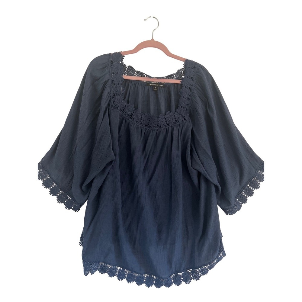 Zac & Rachel‎ Woman 2X Navy Blue Lace Trimmed Square Neck Peasant Blouse